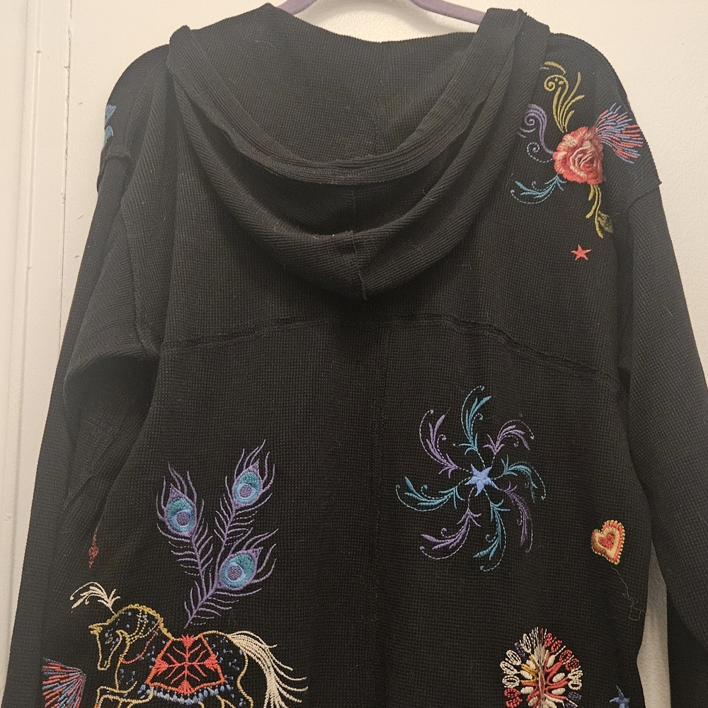 Johnny Was Black V-Neck Thermal with Colorful Embroidery - Picture 3 of 3